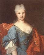 Portrait of a lady,half-length,wearing a blue embroidered dress with a scarlet mantle unknow artist